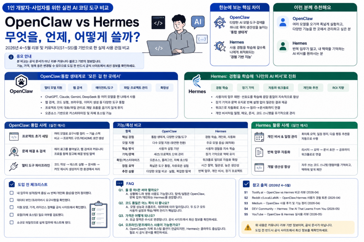 OpenClaw(오픈클로) vs Hermes(헤르메스) 에이전트, 1인 개발자 관점에서 비교 정리